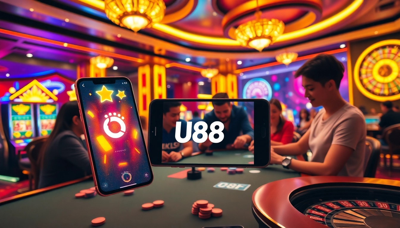 Engaging scene of gamblers using the tải app uu88 on a smartphone while enjoying vibrant casino games.