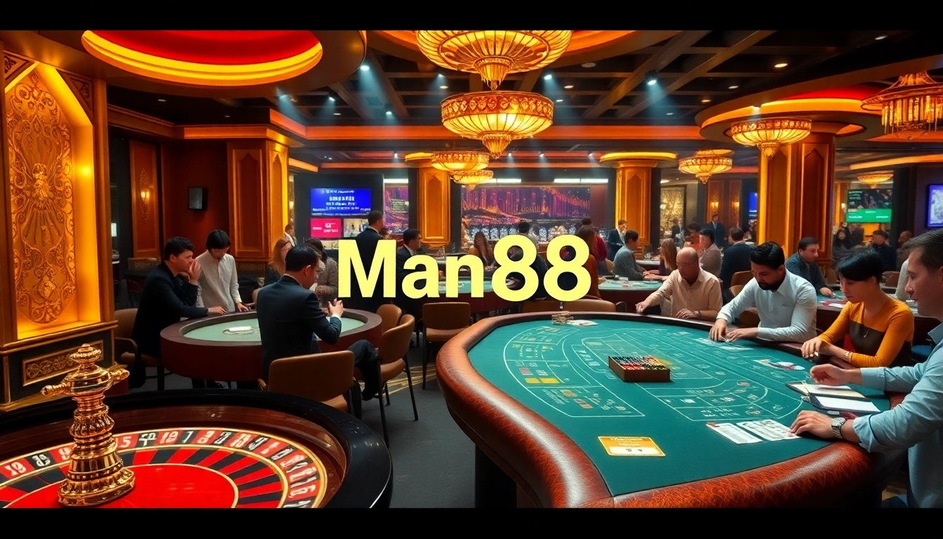 Betting excitingly at a luxurious casino table featuring Man88 poker chips and cards.