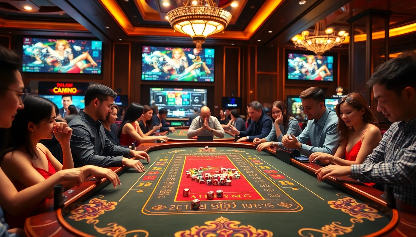 Xóc đĩa online game table with vibrant players engaging in thrilling gambling action.