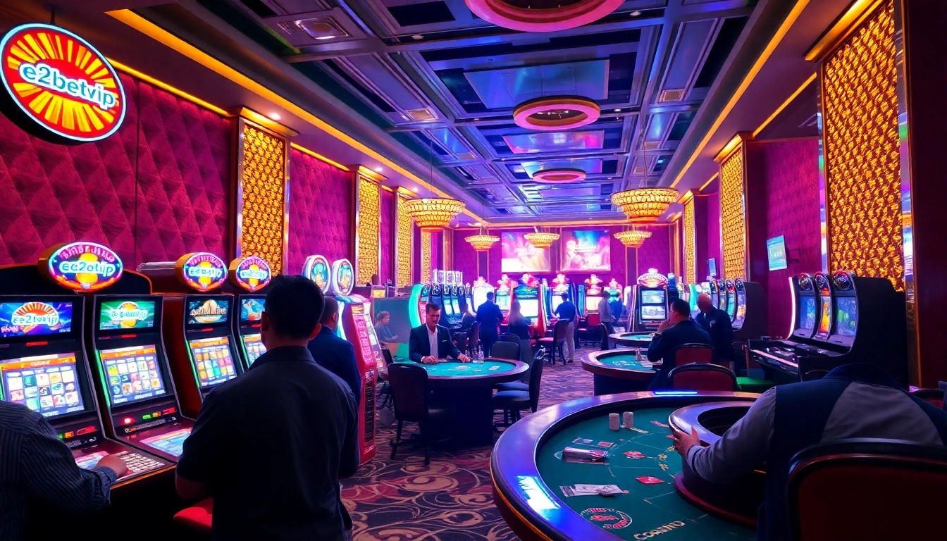 Players enjoying high-stakes games at e2betvip casino, showcasing slot machines and roulette experiences.