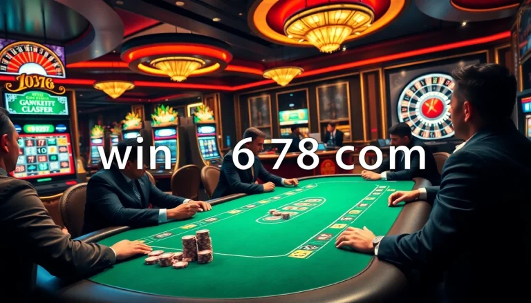 Engaging poker players at a luxurious casino table showcasing win678 com online gambling action.