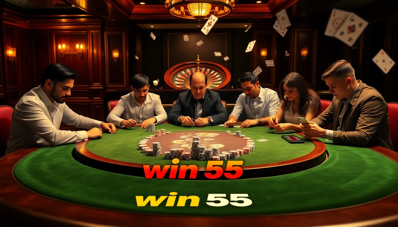 Gamble strategically with win 55 at a luxurious poker table, complete with chips and cards.