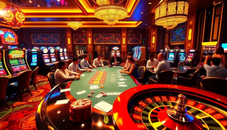 Experience thrilling gaming action at https://789bet.events/ in a luxurious casino setting with poker and slot machines.