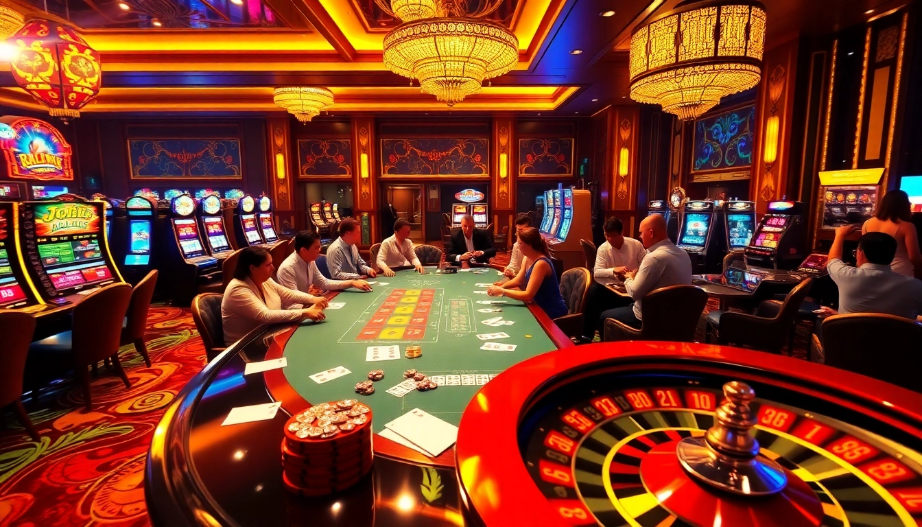 Experience thrilling gaming action at https://789bet.events/ in a luxurious casino setting with poker and slot machines.