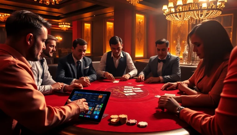 Experience the thrill of betting at https://18win.asia/ with a glamorous casino setting featuring blackjack tables and vibrant poker chips.
