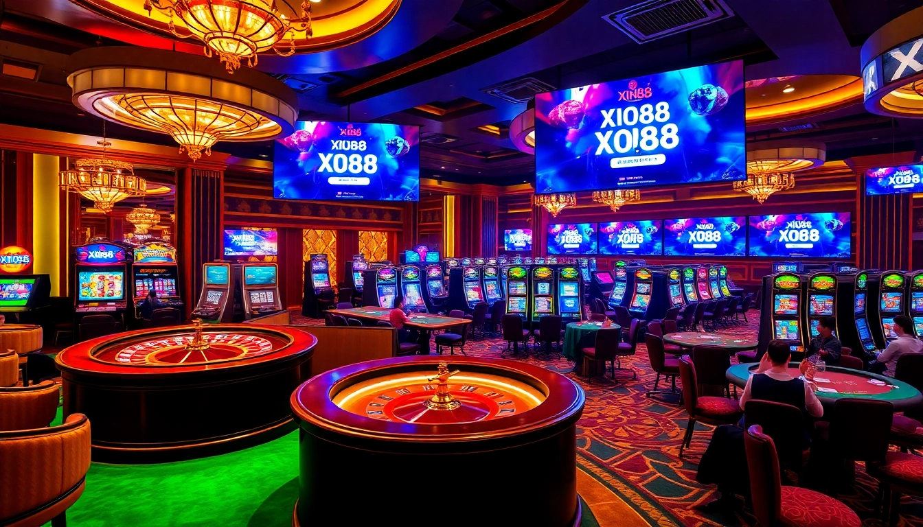 Exciting Xin88 đăng nhập scene with vibrant casino tables and online gambling interfaces.