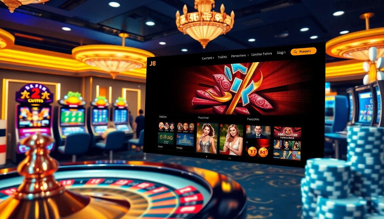 Exciting J8 online casino interface featuring slot machines, poker chips, and roulette elements.