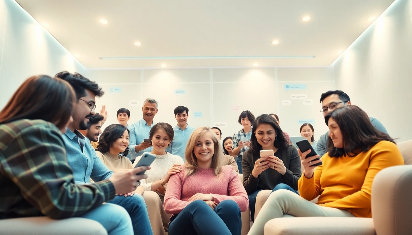 مشهد دردشة رقمية جذّاب في شات الرياض، يعرض مستخدمين متنوعين يتفاعلون عبر الهواتف الذكية وأجهزة اللاب توب.