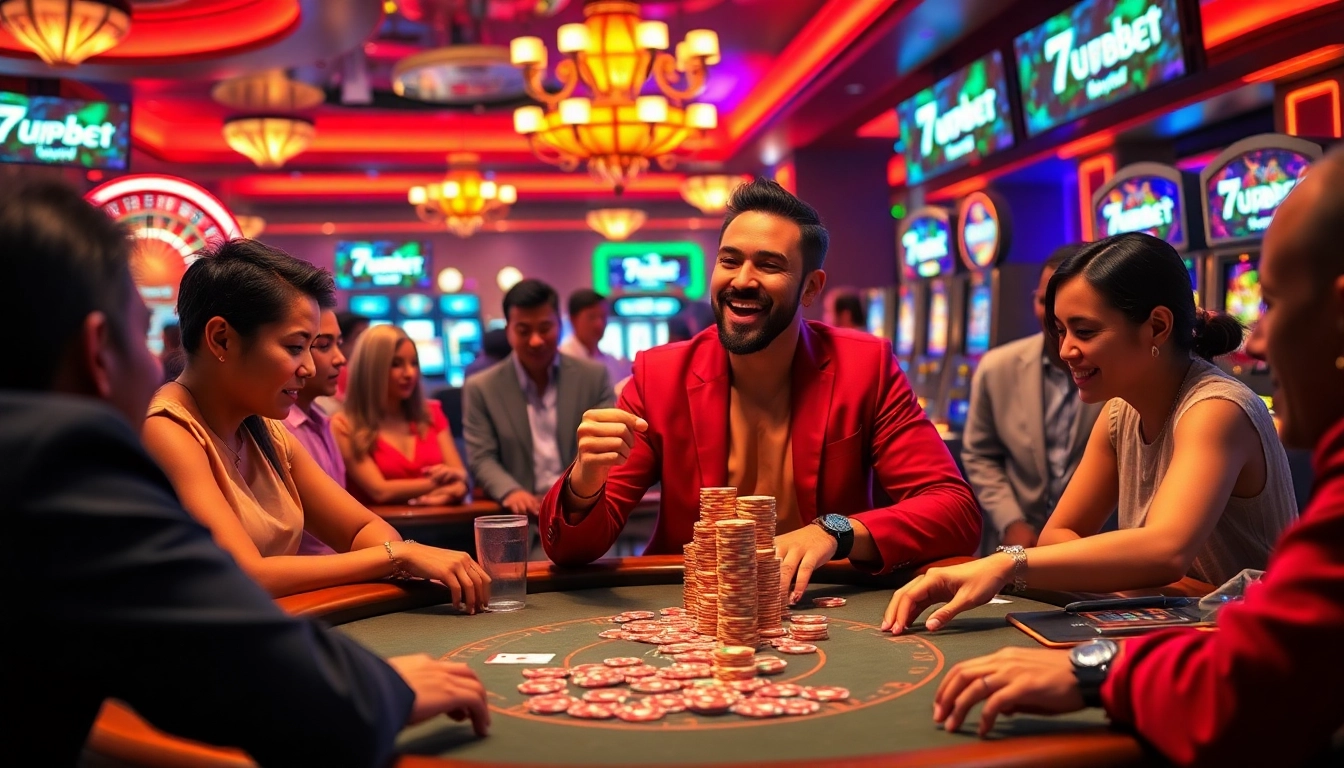 Celebrate a win at the casino with 7upbet branding visible amidst vibrant poker and slot games.