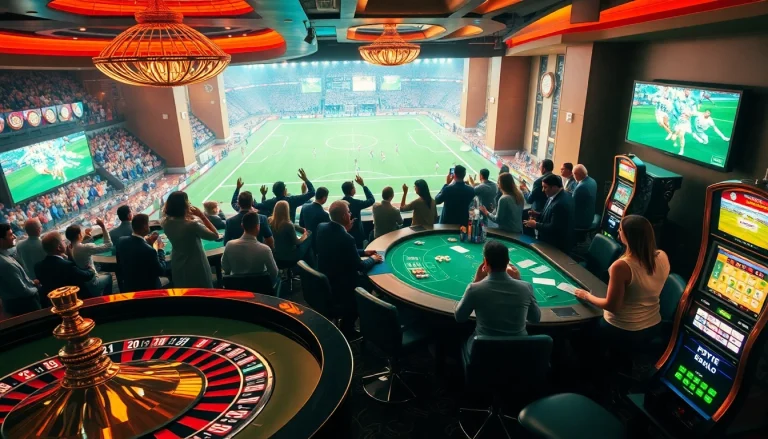 Place bets on the exhilarating แทงบอลโลก scene with a modern casino setting featuring vibrant sports betting elements.