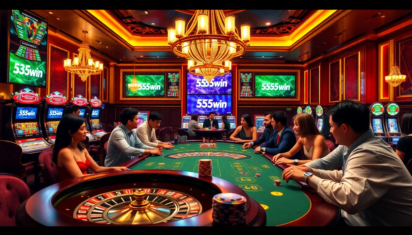 Exciting casino game scene featuring players at a roulette table with 555win themed chips.