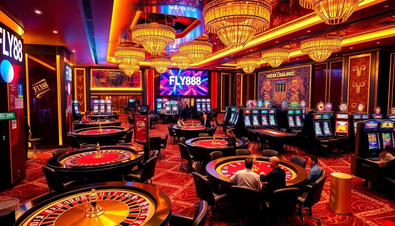 Action-packed gaming scene featuring FLY88 branding amidst roulette wheels and poker players.