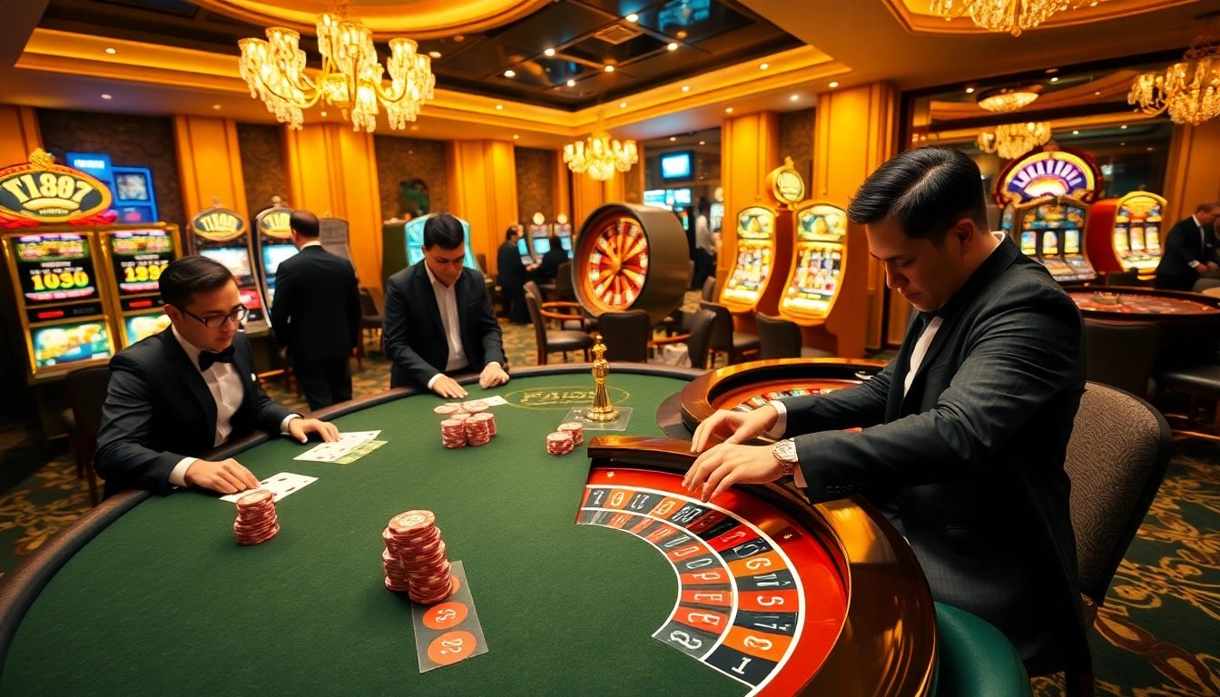 Intense action at a vibrant f168 casino, featuring players engaged at a roulette table and poker games.