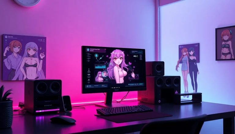 Engaging NSFW digital workspace with high-tech computer, character artwork, and ambient lighting.