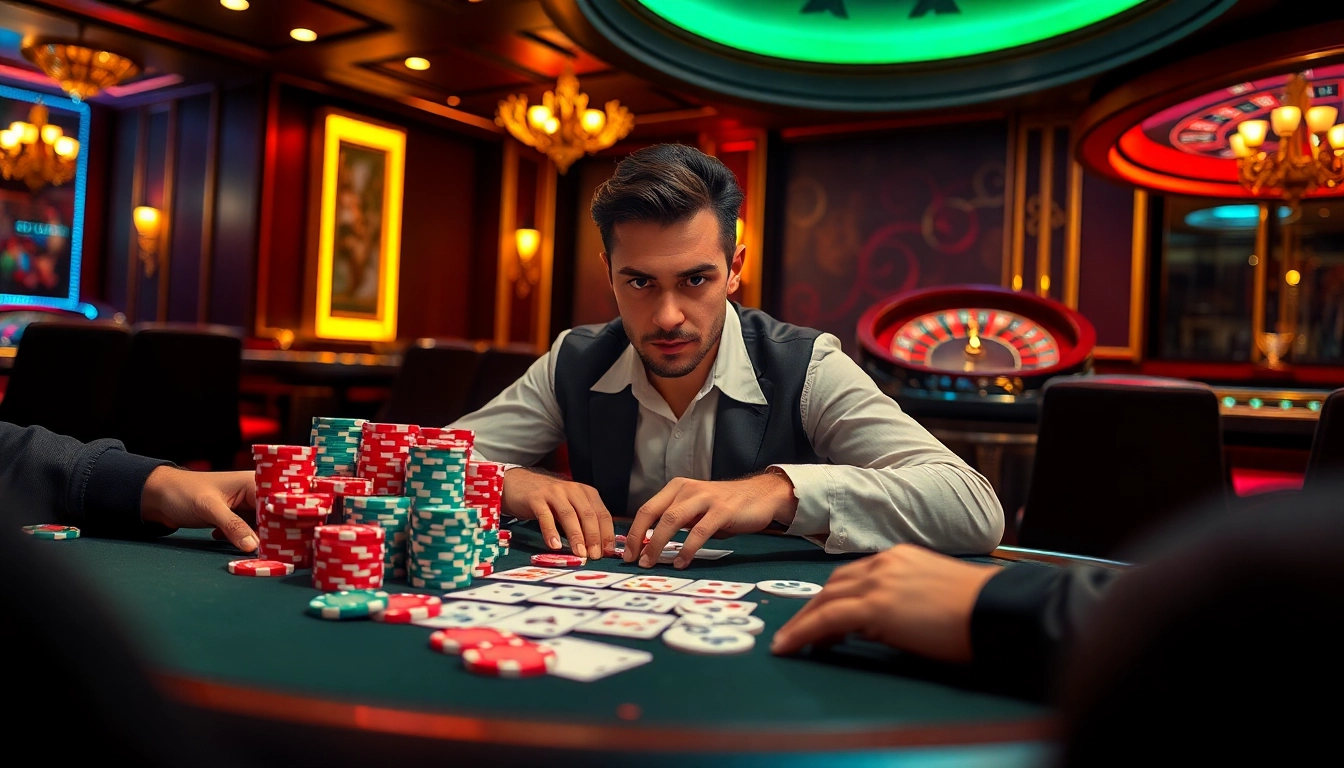 Player enjoying a poker game at a luxurious casino table, embodying the excitement of luckywin.