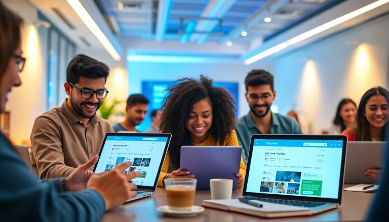 OnlyFans Nearby Creators search interface with diverse users exploring profiles in a modern workspace.