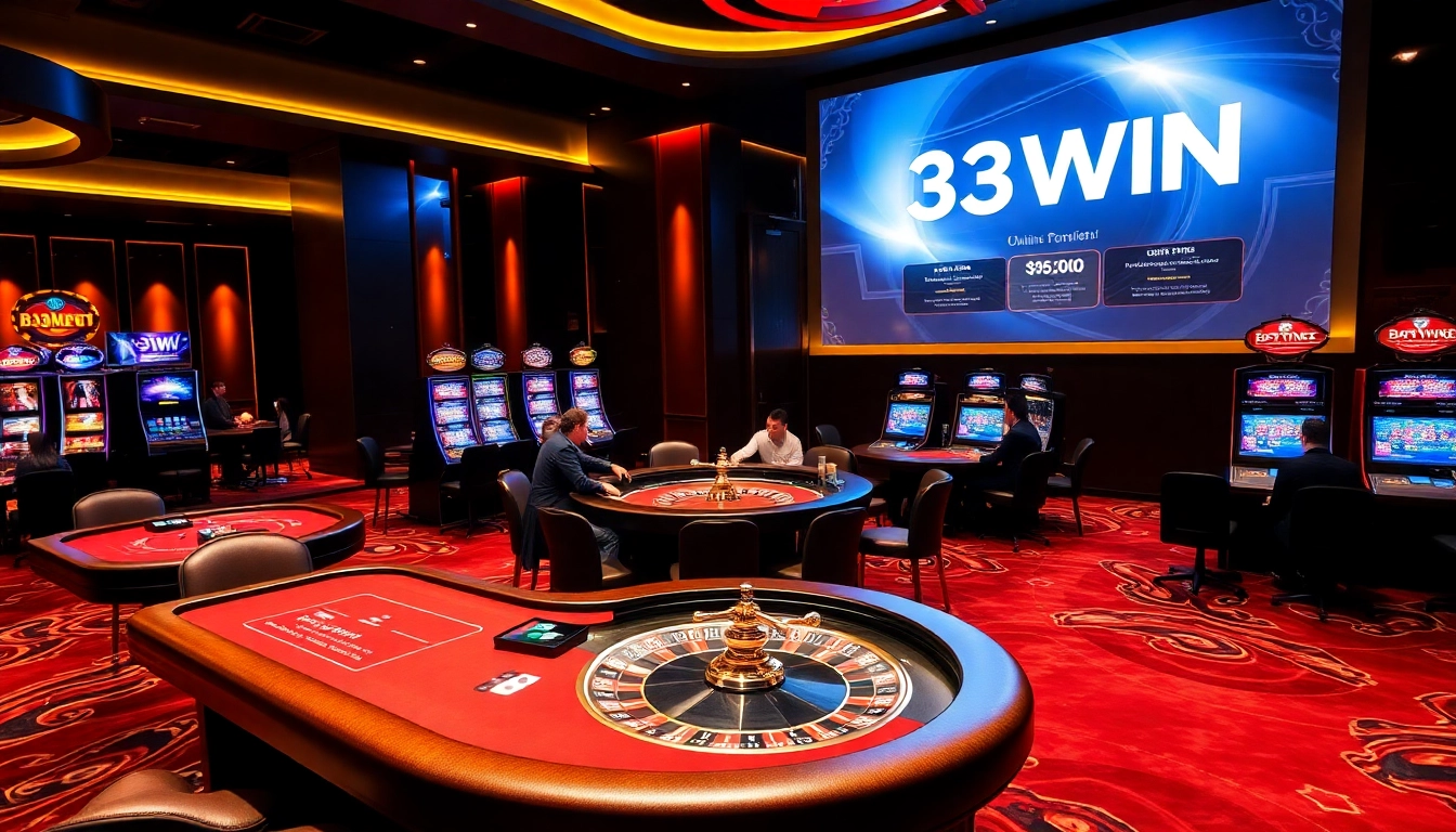 Exciting gameplay at 33WIN casino with vibrant slot machines and poker tables.