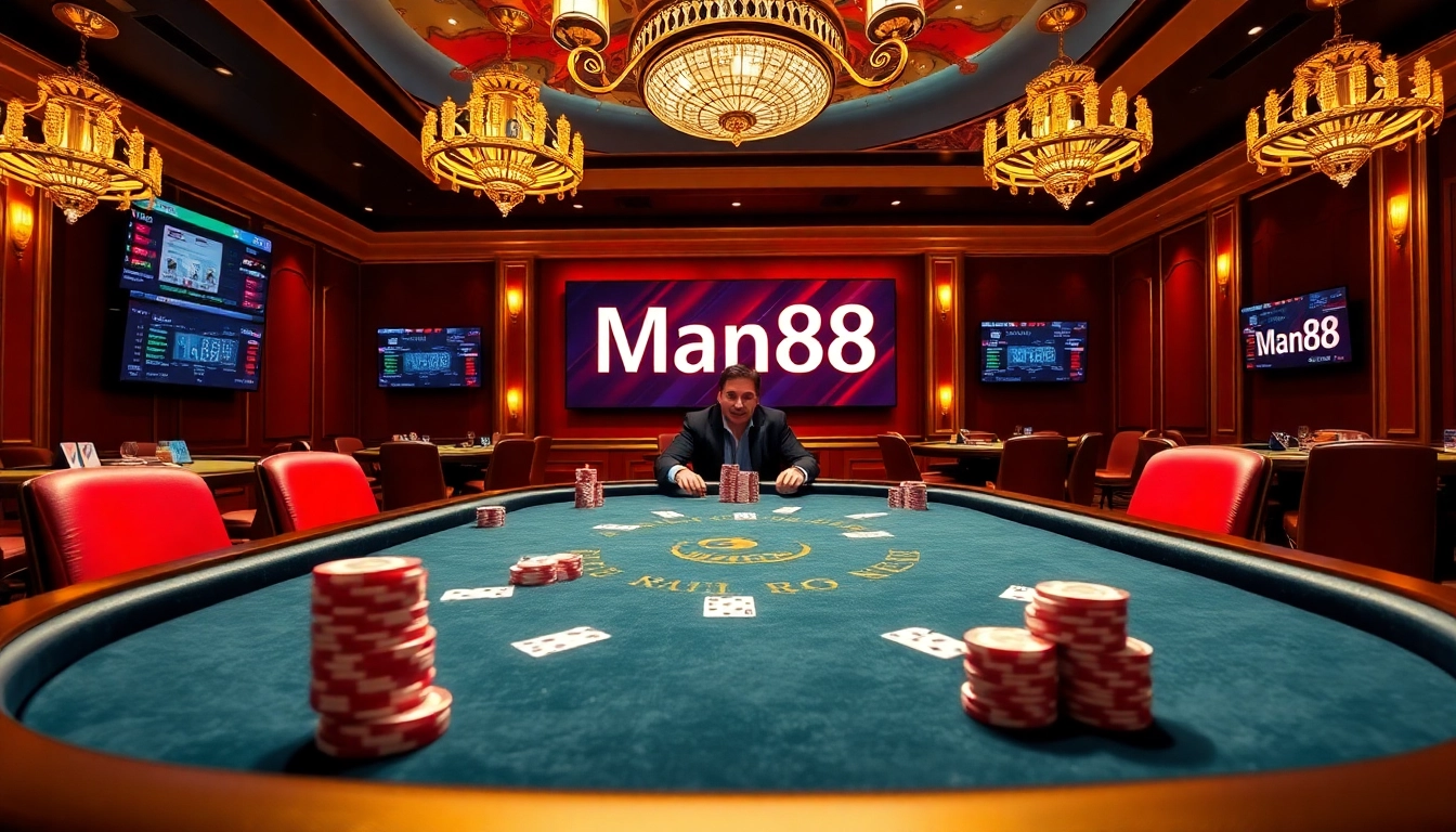 Man88 casino players enjoying a high-stakes poker game with vibrant chips and cards.