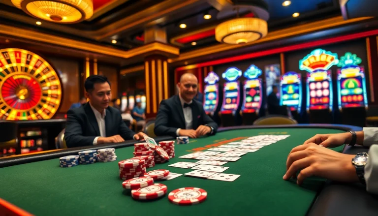 RR88 offers thrilling gameplay at a luxurious casino poker table with vibrant slot machines.